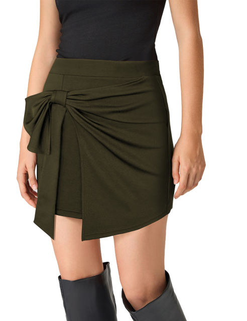 Army Green Bowknot Front High Waist Mini Skirt