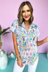 Light Blue Mixed Floral Printed Collared Split Neck Blouse