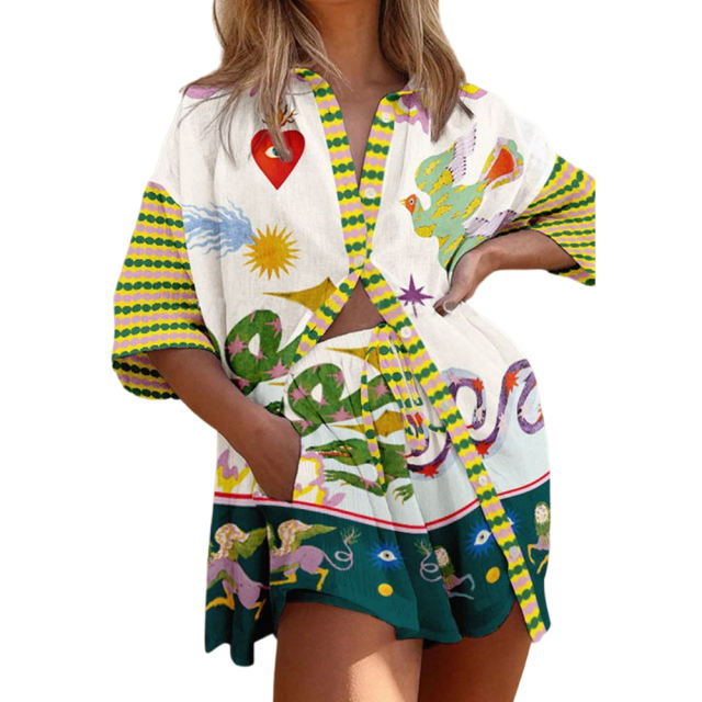 Multicolor Animals Print Button Shirt and Shorts Set