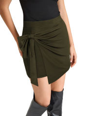 Army Green Bowknot Front High Waist Mini Skirt