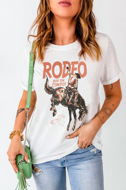 White RODEO Cowboy Graphic Crewneck T Shirt