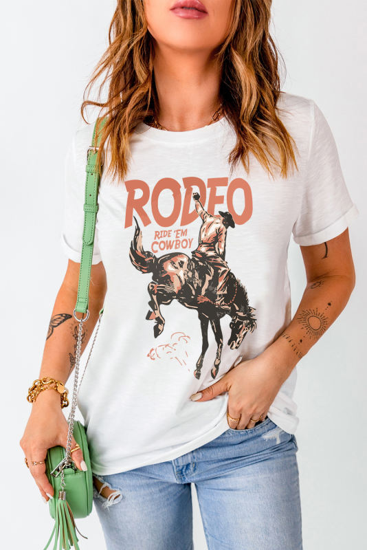 White RODEO Cowboy Graphic Crewneck T Shirt