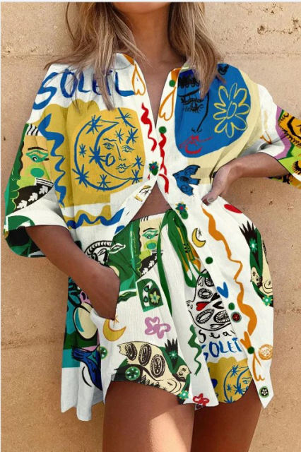 Abstract Print Button Shirt and Shorts Set
