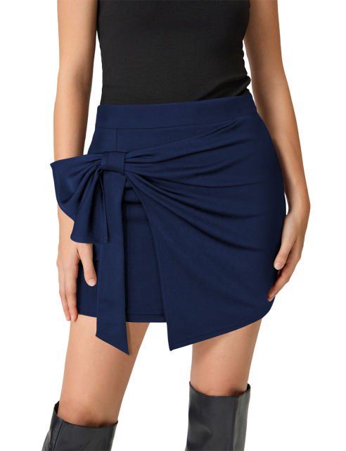 Navy Blue Bowknot Front High Waist Mini Skirt