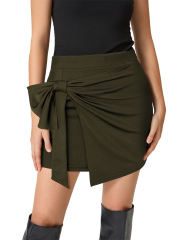 Army Green Bowknot Front High Waist Mini Skirt