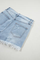 Light Blue Distressed Ripped Raw Hem High Waist Denim Shorts