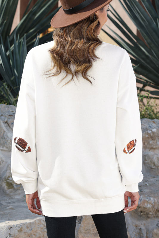 White Sequin Rugby Graphic Pullover Sweatshirt