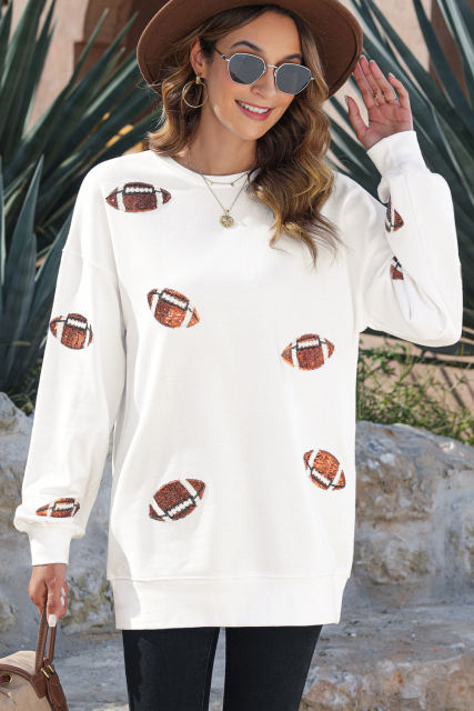 White Sequin Rugby Graphic Pullover Sweatshirt