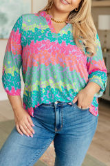 Green Leopard Stripes 3/4 Rolled Sleeve Plus Size Top