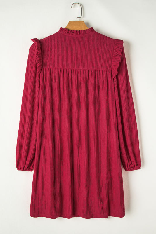 Fiery Red Textured Ruffled Trim V Neck Loose Fit Mini Dress