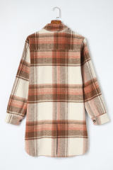Brown Plaid Print Flap Pockets Long Shacket