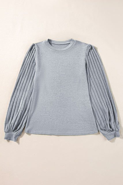 Gray Contrast Ribbed Bishop Sleeve Top