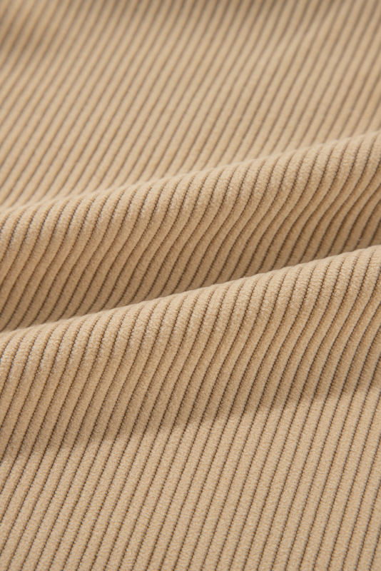 Light French Beige Solid Frilled Flap Pocket Button Up Corduroy Shacket