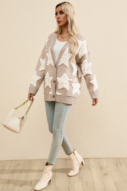 Khaki Sherpa Star Pattern Textured Sweater Cardigan with Pockets