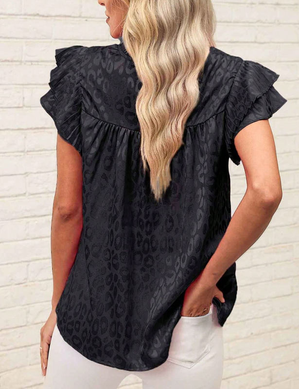 Black Leopard Print Ruffled Sleeve Blouse