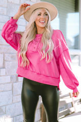 Strawberry Pink Drop Shoulder Henley Buttons Sweatshirt