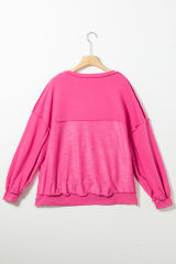 Strawberry Pink Drop Shoulder Henley Buttons Sweatshirt