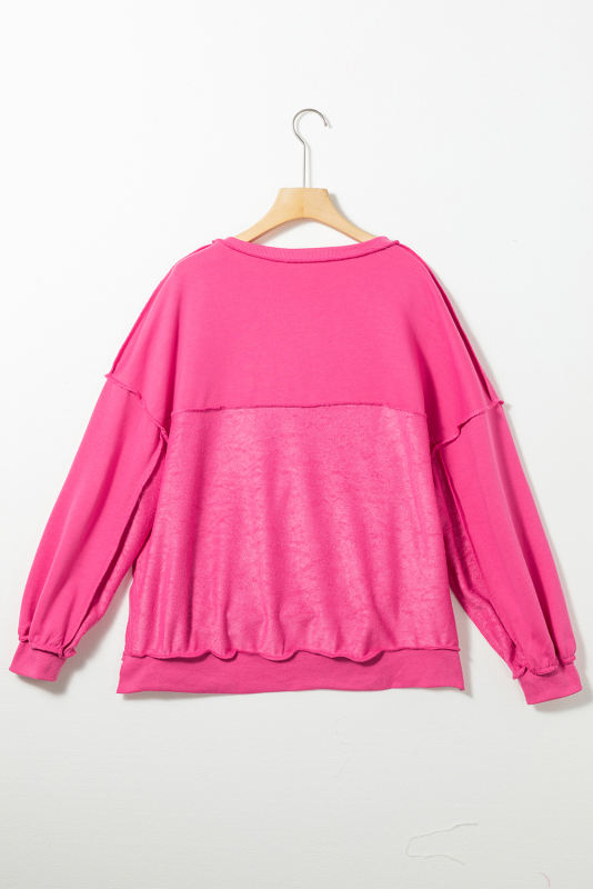 Strawberry Pink Drop Shoulder Henley Buttons Sweatshirt