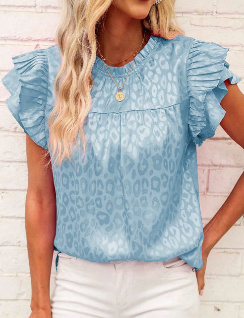 Blue Leopard Print Ruffled Sleeve Blouse