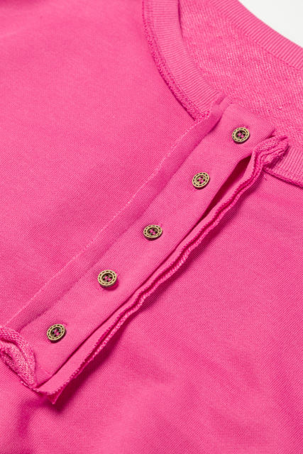 Strawberry Pink Drop Shoulder Henley Buttons Sweatshirt