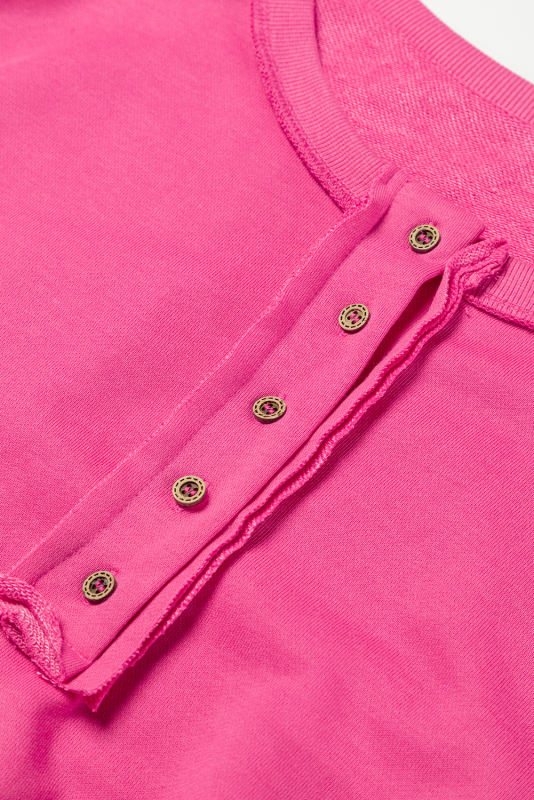 Strawberry Pink Drop Shoulder Henley Buttons Sweatshirt