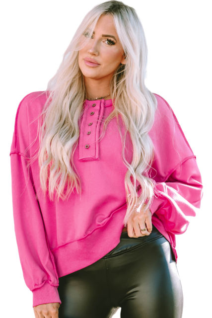 Strawberry Pink Drop Shoulder Henley Buttons Sweatshirt