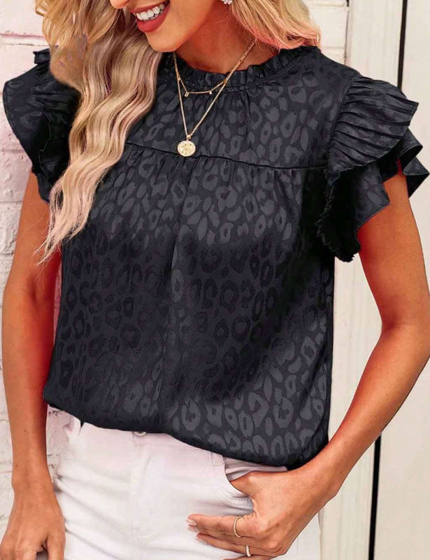 Black Leopard Print Ruffled Sleeve Blouse