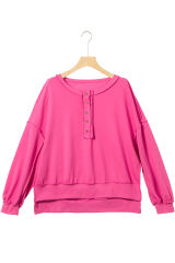 Strawberry Pink Drop Shoulder Henley Buttons Sweatshirt