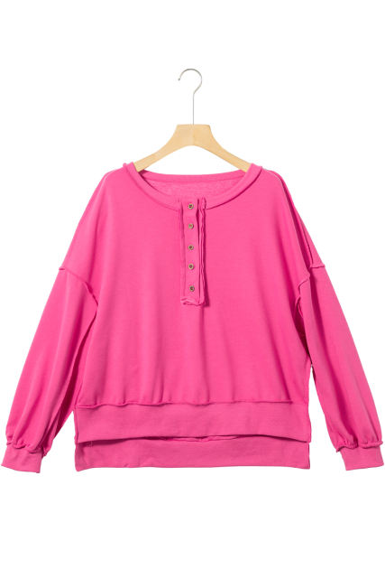 Strawberry Pink Drop Shoulder Henley Buttons Sweatshirt