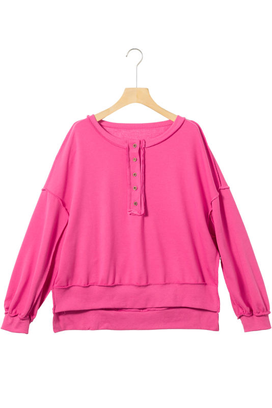Strawberry Pink Drop Shoulder Henley Buttons Sweatshirt