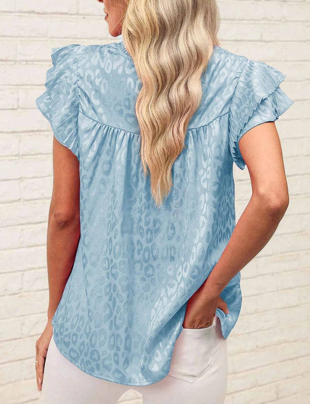 Blue Leopard Print Ruffled Sleeve Blouse