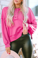 Strawberry Pink Drop Shoulder Henley Buttons Sweatshirt
