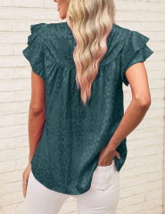 Dark Green Leopard Print Ruffled Sleeve Blouse