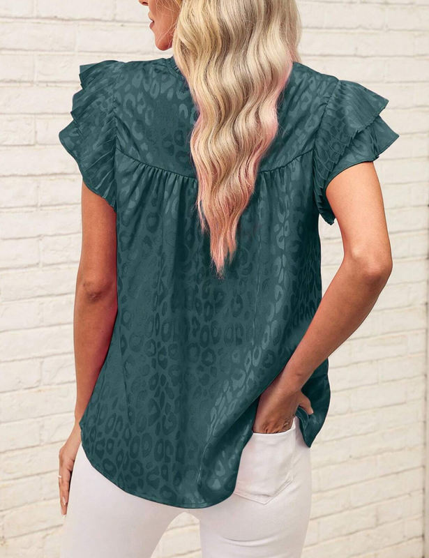 Dark Green Leopard Print Ruffled Sleeve Blouse