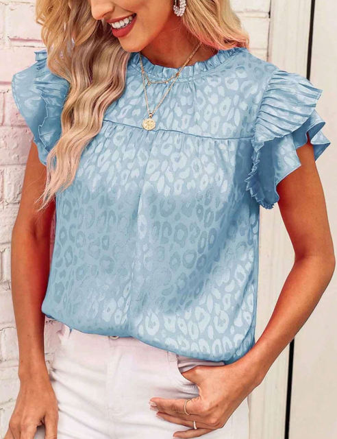 Blue Leopard Print Ruffled Sleeve Blouse