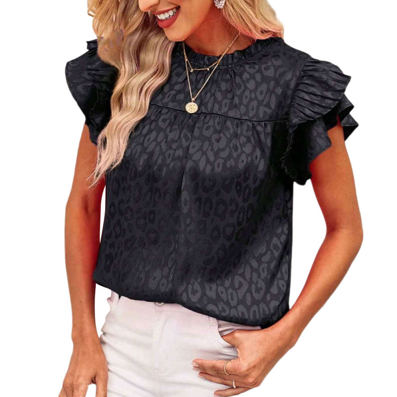 Black Leopard Print Ruffled Sleeve Blouse