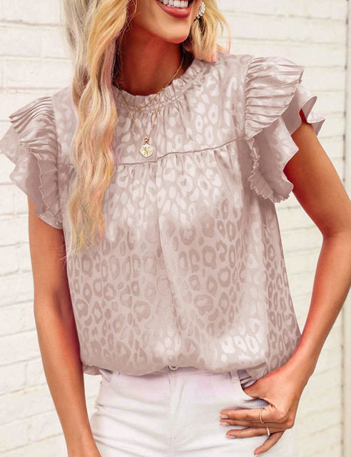 Beige Leopard Print Ruffled Sleeve Blouse