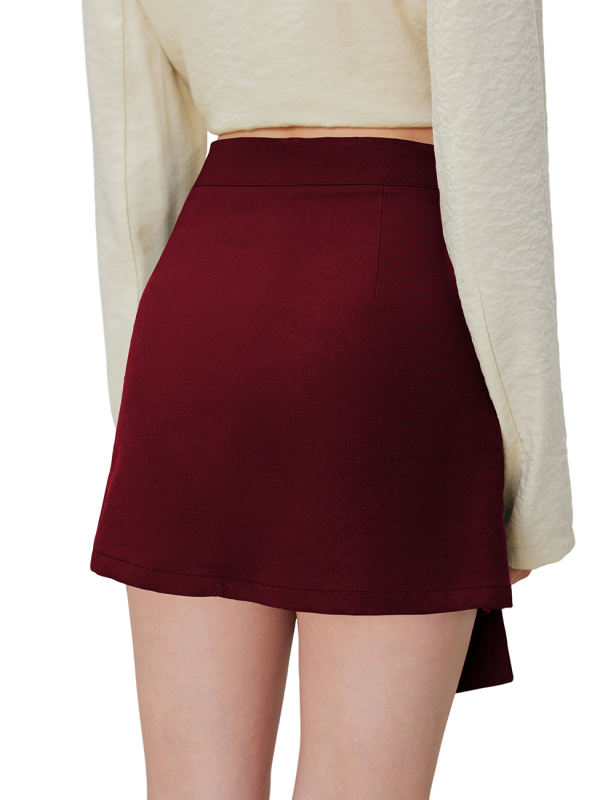 Burgundy Bowknot Front High Waist Mini Skirt