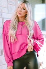 Strawberry Pink Drop Shoulder Henley Buttons Sweatshirt