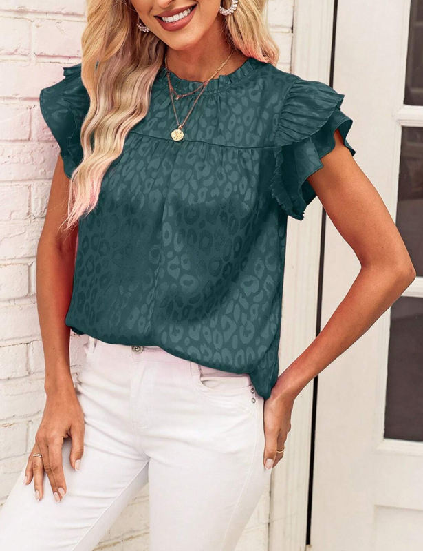 Dark Green Leopard Print Ruffled Sleeve Blouse