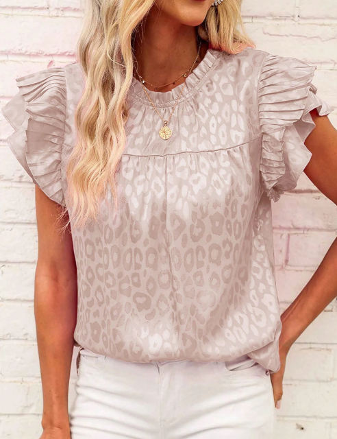 Beige Leopard Print Ruffled Sleeve Blouse