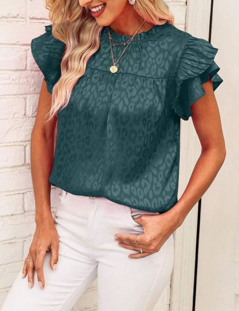 Dark Green Leopard Print Ruffled Sleeve Blouse