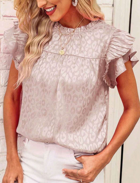 Beige Leopard Print Ruffled Sleeve Blouse