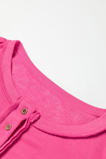 Strawberry Pink Drop Shoulder Henley Buttons Sweatshirt