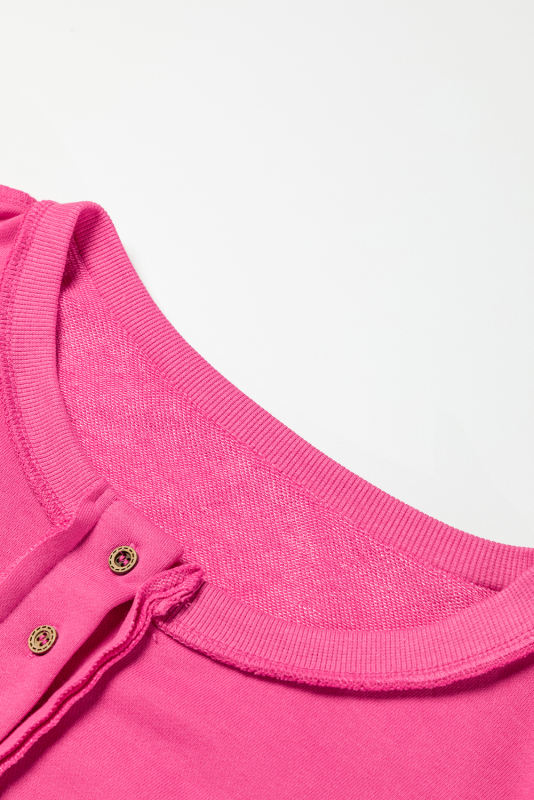 Strawberry Pink Drop Shoulder Henley Buttons Sweatshirt