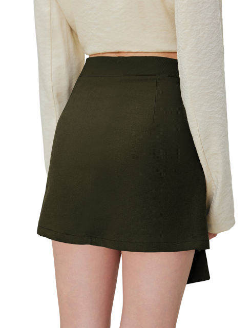 Army Green Bowknot Front High Waist Mini Skirt