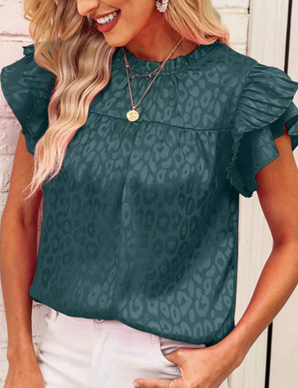 Dark Green Leopard Print Ruffled Sleeve Blouse