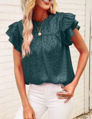 Dark Green Leopard Print Ruffled Sleeve Blouse