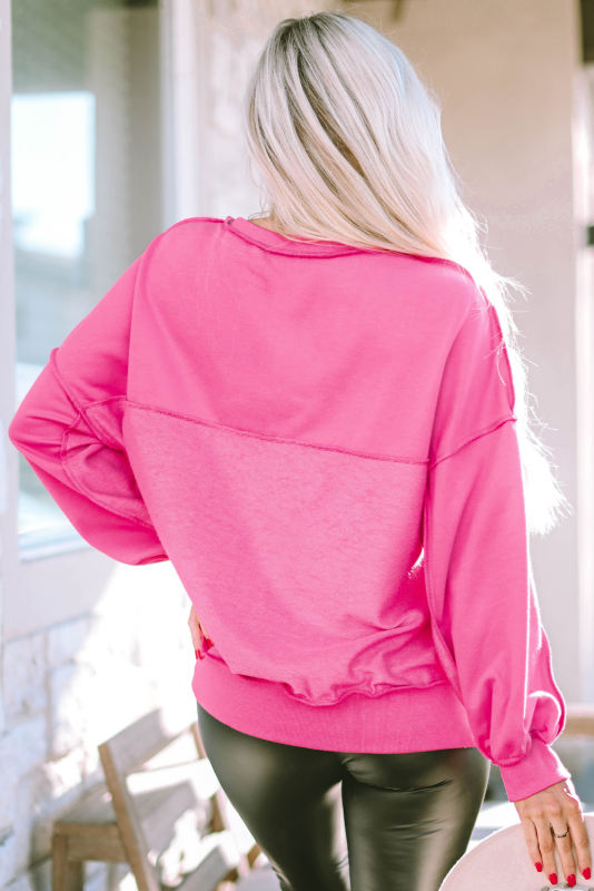 Strawberry Pink Drop Shoulder Henley Buttons Sweatshirt