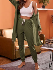 Army Green 3pcs Waffle Cardigan Vest and Pant Lounge Set